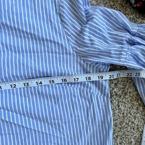 🦋 Chaps Blue White Pin Striped 3/4 Bell Sleeve Mini Dress Medium - Picture 6 of 7